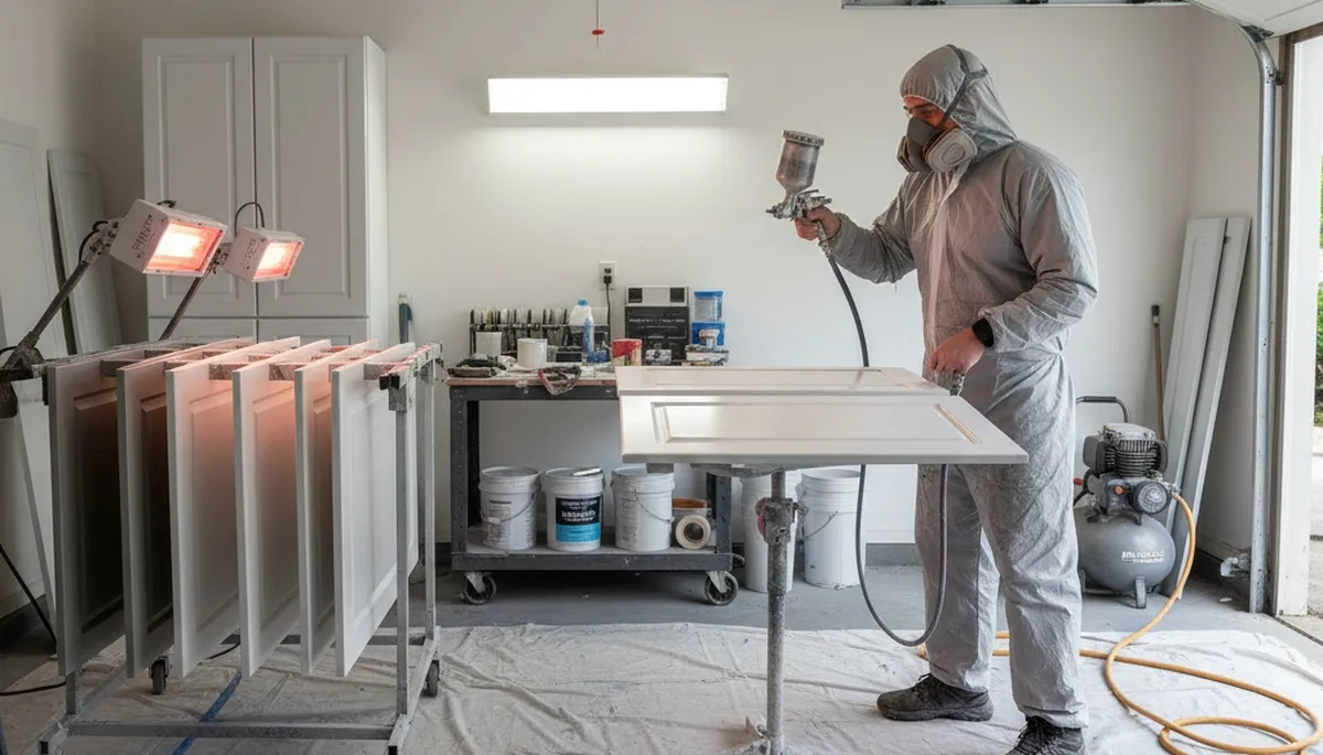 Painter applying smooth cabinet finish in Seattle WA kitchen with professional spray painting technique