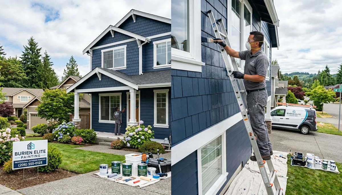 Professional house painters in Seattle WA applying exterior paint to a residential home