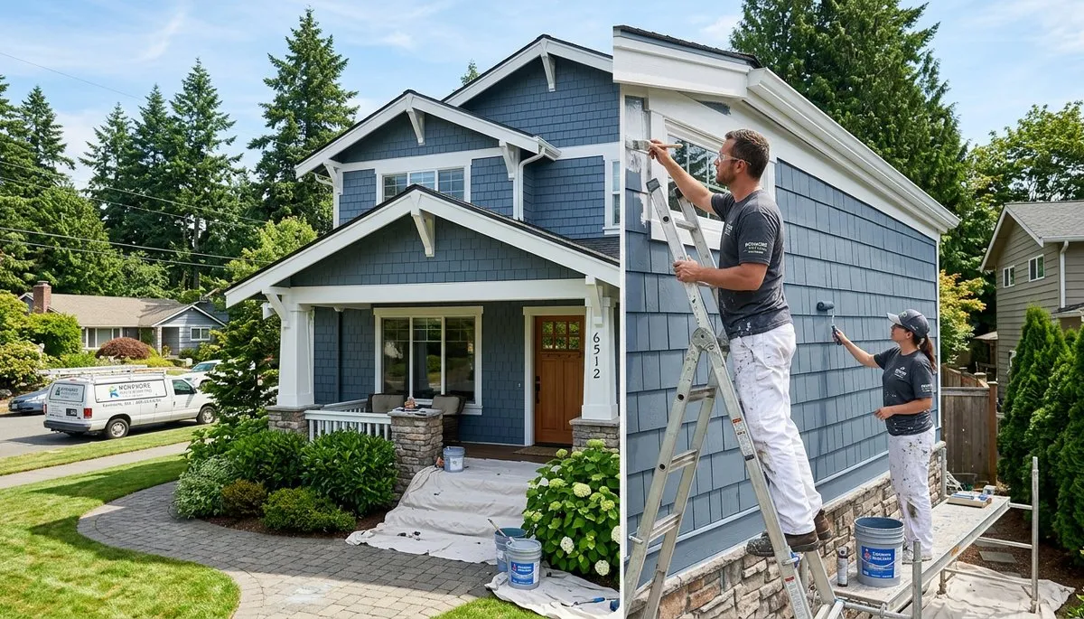 Professional house painters working on exterior home painting in Seattle, WA