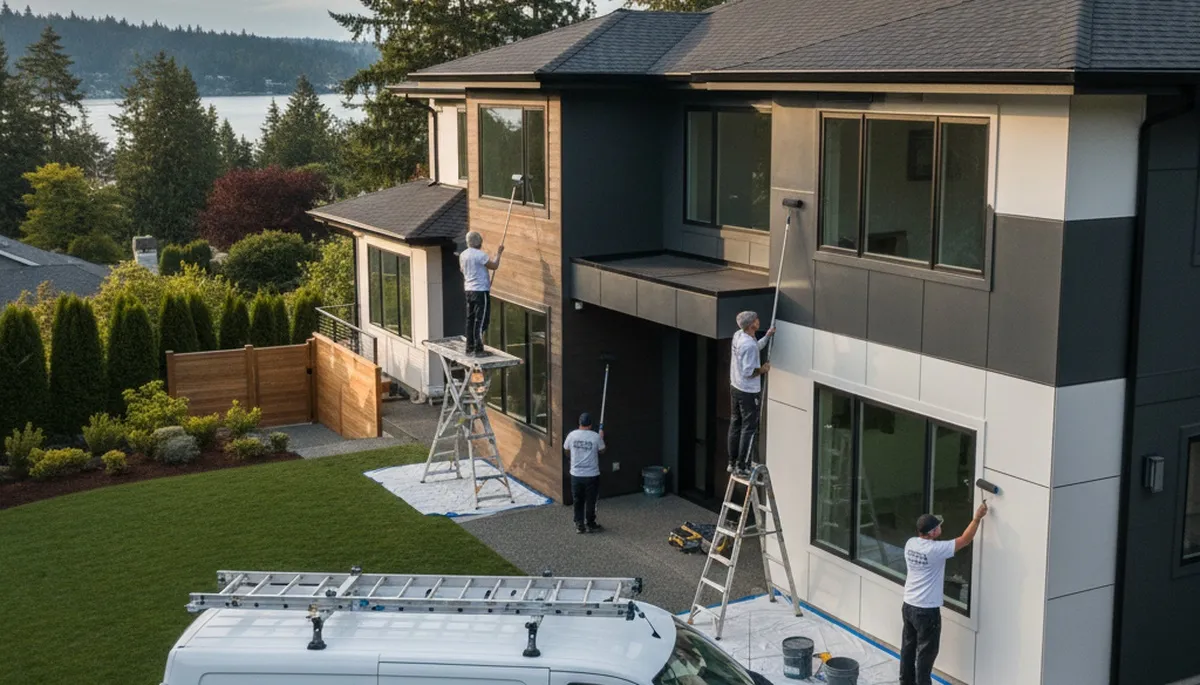 Professional house painters working on residential exterior in Seattle, WA