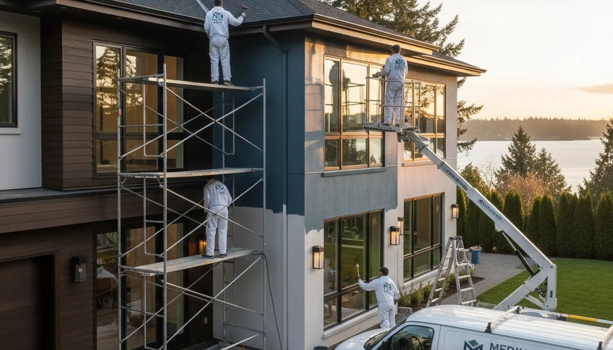 Professional house painters in Seattle WA applying exterior paint on residential home façade