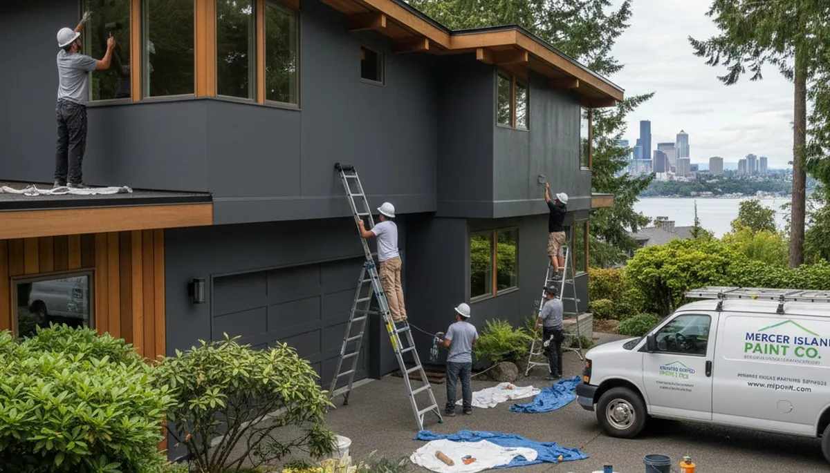 Professional house painter finishing exterior home in Seattle, WA