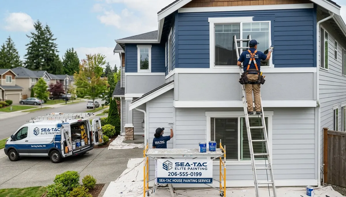 Professional house painters working on residential exterior in Seattle, WA