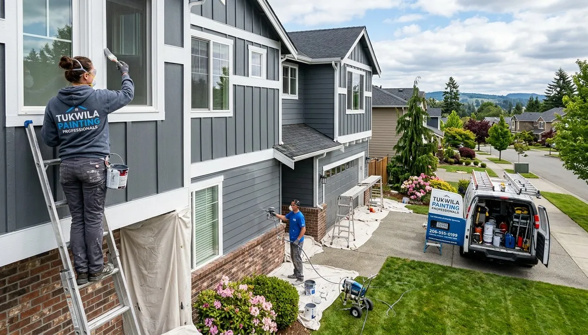 Professional house painters in Seattle WA applying exterior paint to a residential home