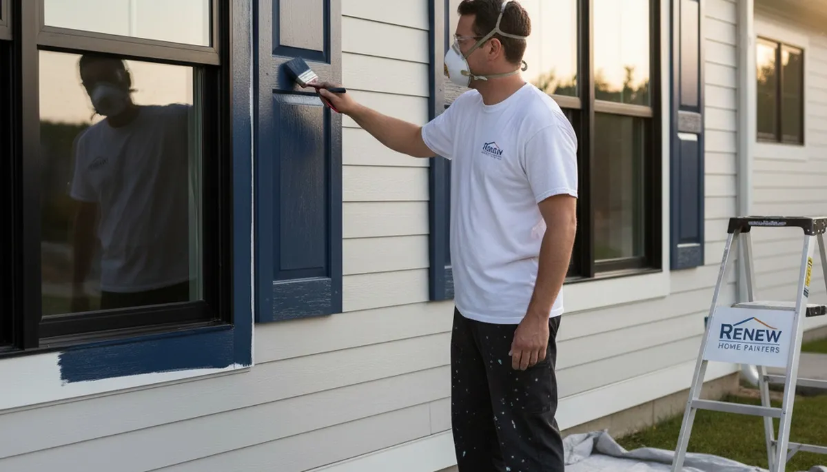 Painter applying weatherproof shutter paint on Seattle WA home exterior shutters